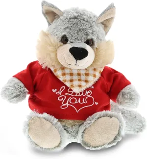 DolliBu I Love You Valentine Plush Sitting Wolf - Cuddly Soft Cute Stuffed Animal with Red Heart Shirt Gift for Valentines Day, Birthday Present, Anniversary, Romantic Date - 9 Inches