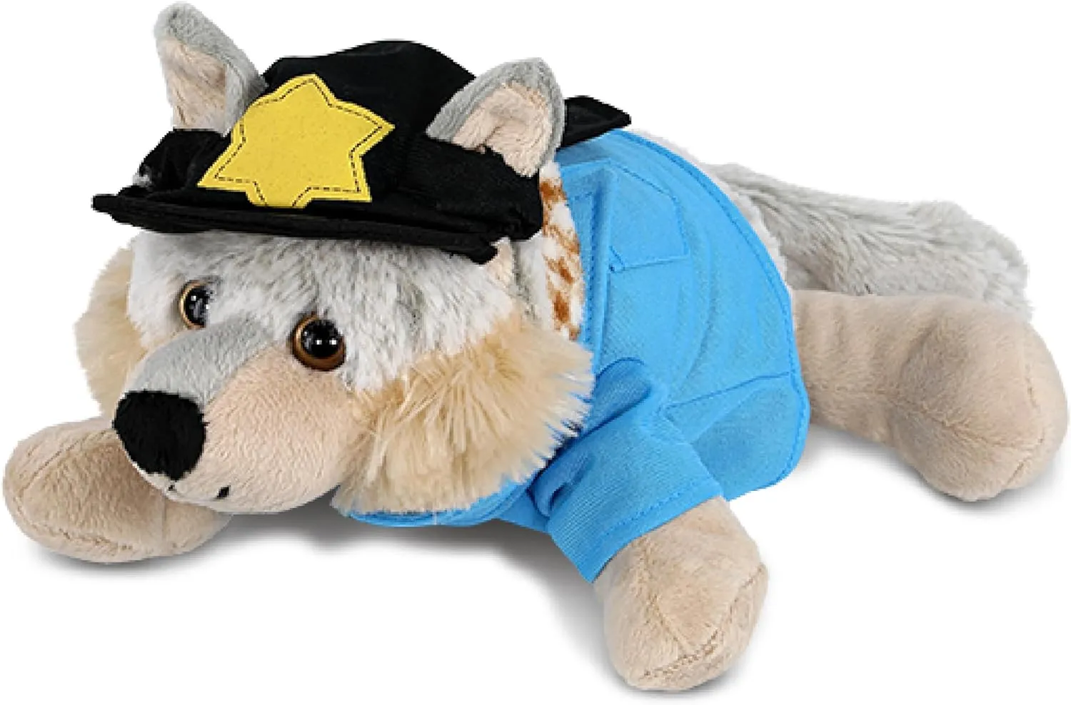 DolliBu Lying Wolf Police Officer Plush Toy - Super Soft Wolf Cop Stuffed Animal Dress Up with Cute Cop Uniform Shirt and Cap Outfit - Gift with Personalization - 9 Inches