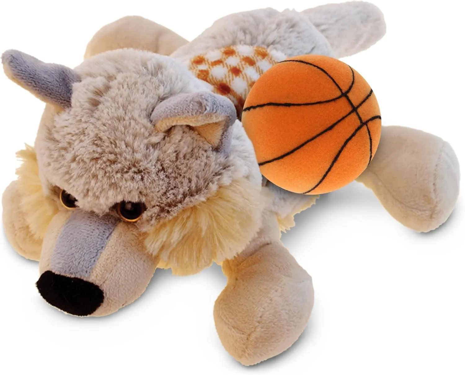 DolliBu Lying Wolf Stuffed Animal with Basketball Plush - Soft Huggable Wolf, Adorable Playtime Plush Toy, Personalized Plush Doll Animal Toy for Kids and Adults - 9 Inches
