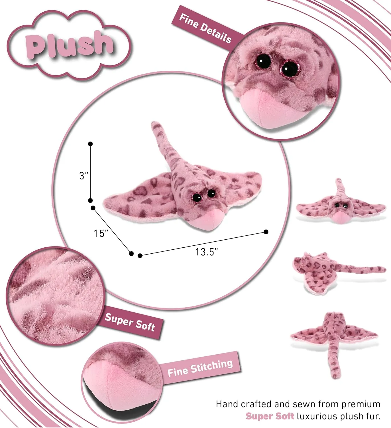 DolliBu Pink Rose Stingray Super Soft Stuffed Animal, Cute Realistic Stuffed Animals for Girls, Boys, Adults Animal Gifts, Kids Nursery Decor for Newborn, Cuddly Soft Baby Plush Toys - 15 Inches