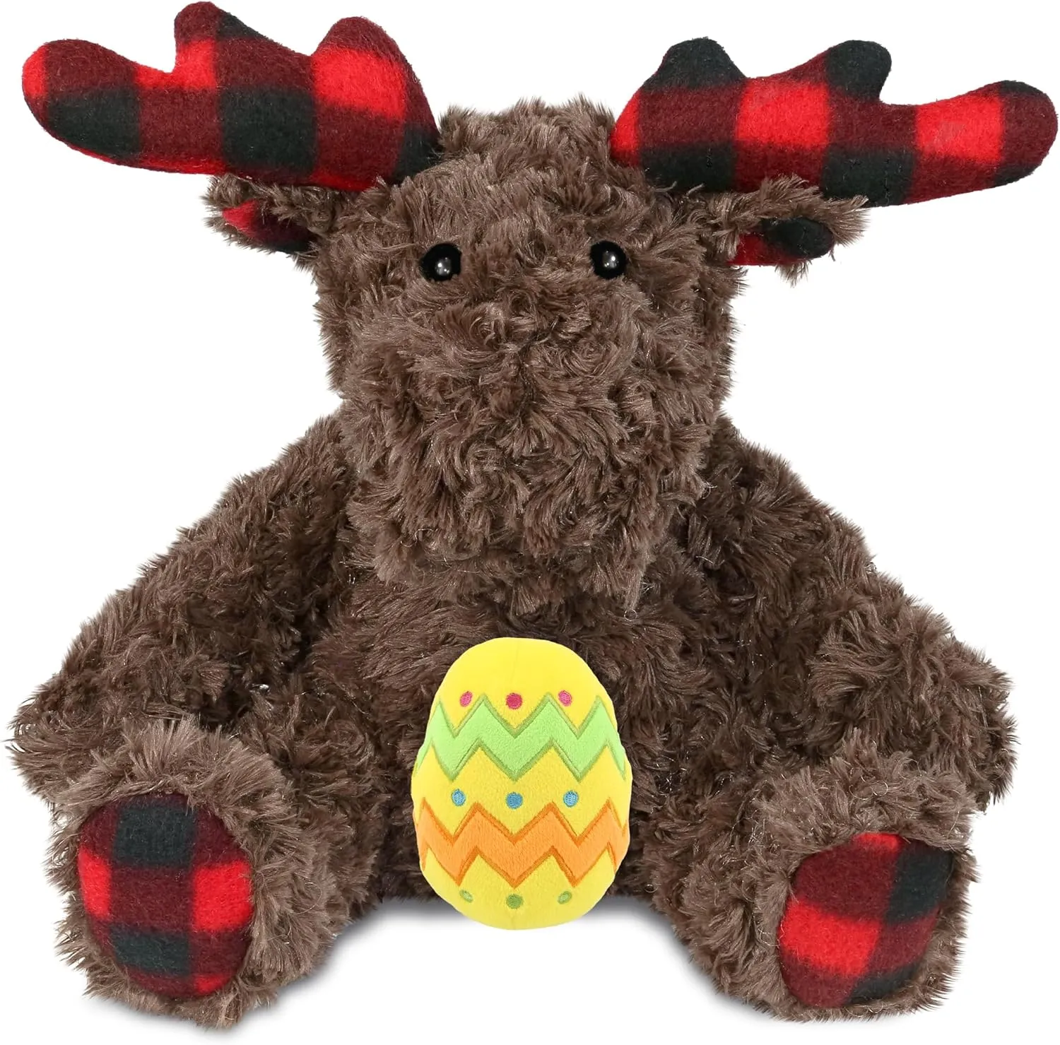 DolliBu Plaid Curly Moose with Yellow Easter Egg Plush and Name Personalization - Stuffed Animals for Easter Basket, Easter Egg Stuffed Animal Spring Toys for Girls, Boy, Baby - 10 Inches