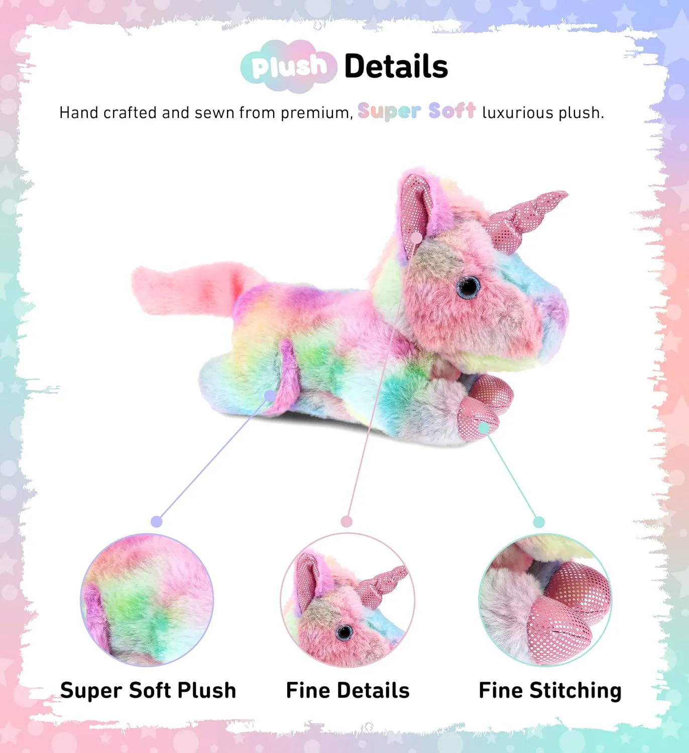 DolliBu Plush Sunday Rainbow Unicorn Stuffed Animal - Soft Huggable Lying Unicorn, Playtime Plush Toy, Cute Animal Cuddle Gifts for Kids & Adults - 10.5 Inches