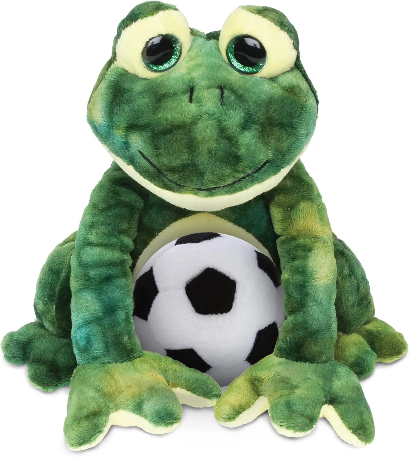 DolliBu Squat Frog Stuffed Animal with Soccer Ball Plush - Soft Huggable Frog, Adorable Playtime Squat Frog Plush Toy, Cute Farm Life Sports Gift for Kids and Adults - 10.5 Inch