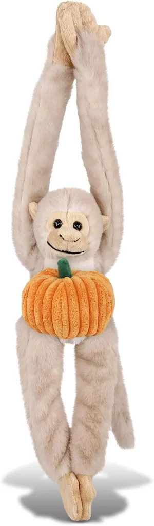 DolliBu Super Soft Long Arm Hanging White Squirrel Monkey Stuffed Animal with Pumpkin Decor - Pumpkin Plush Animal for Fall, Halloween and Thanksgiving, Pumpkin Toy for Baby, Kids, Adults - 21 Inches