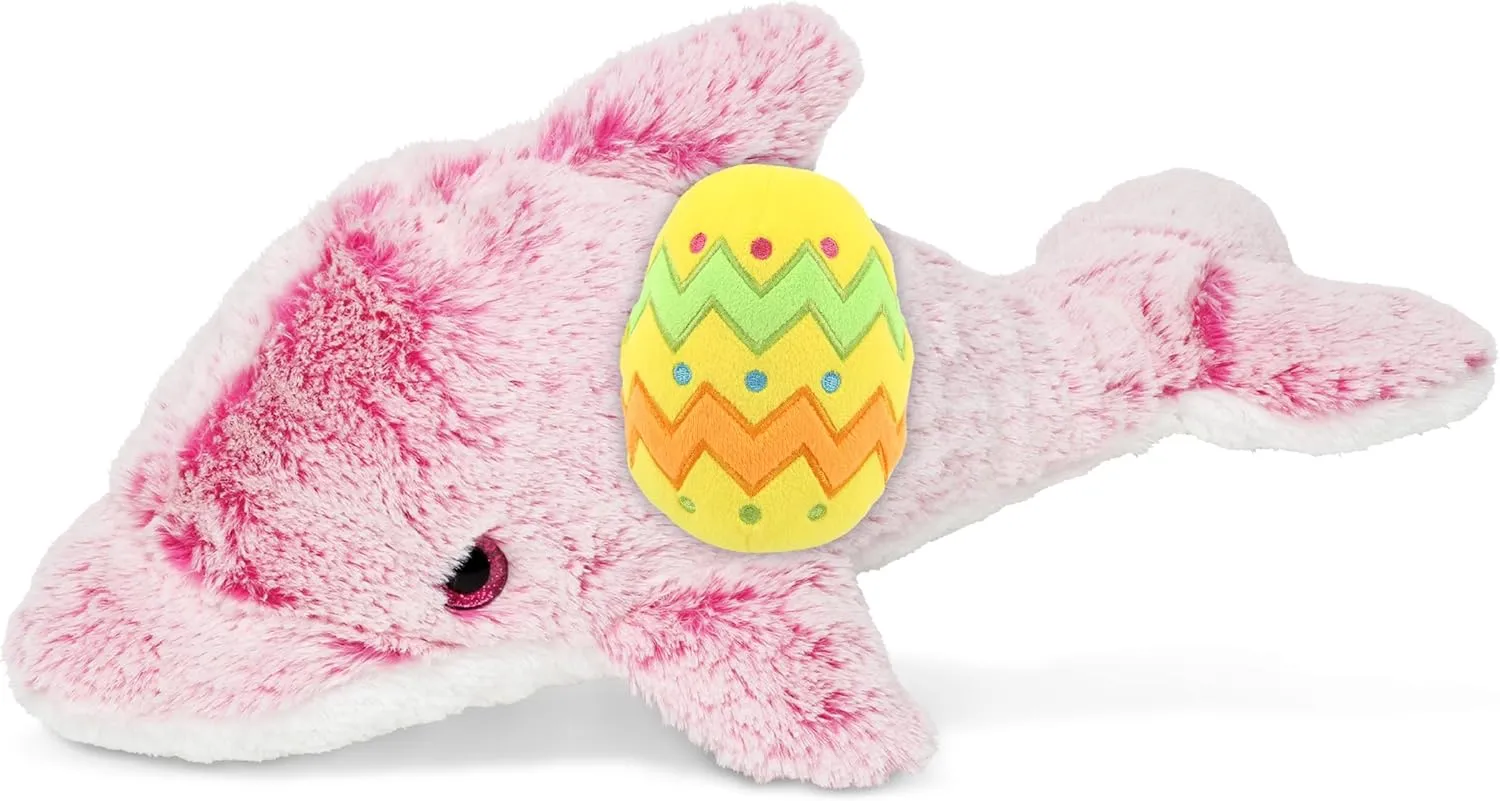 DolliBu Super Soft Pink Dolphin with Yellow Easter Egg Plush and Name Personalization - Cute Stuffed Animals for Easter Basket, Easter Egg Stuffed Animal Spring Toys for Girls, Boy, Baby - 14 Inches