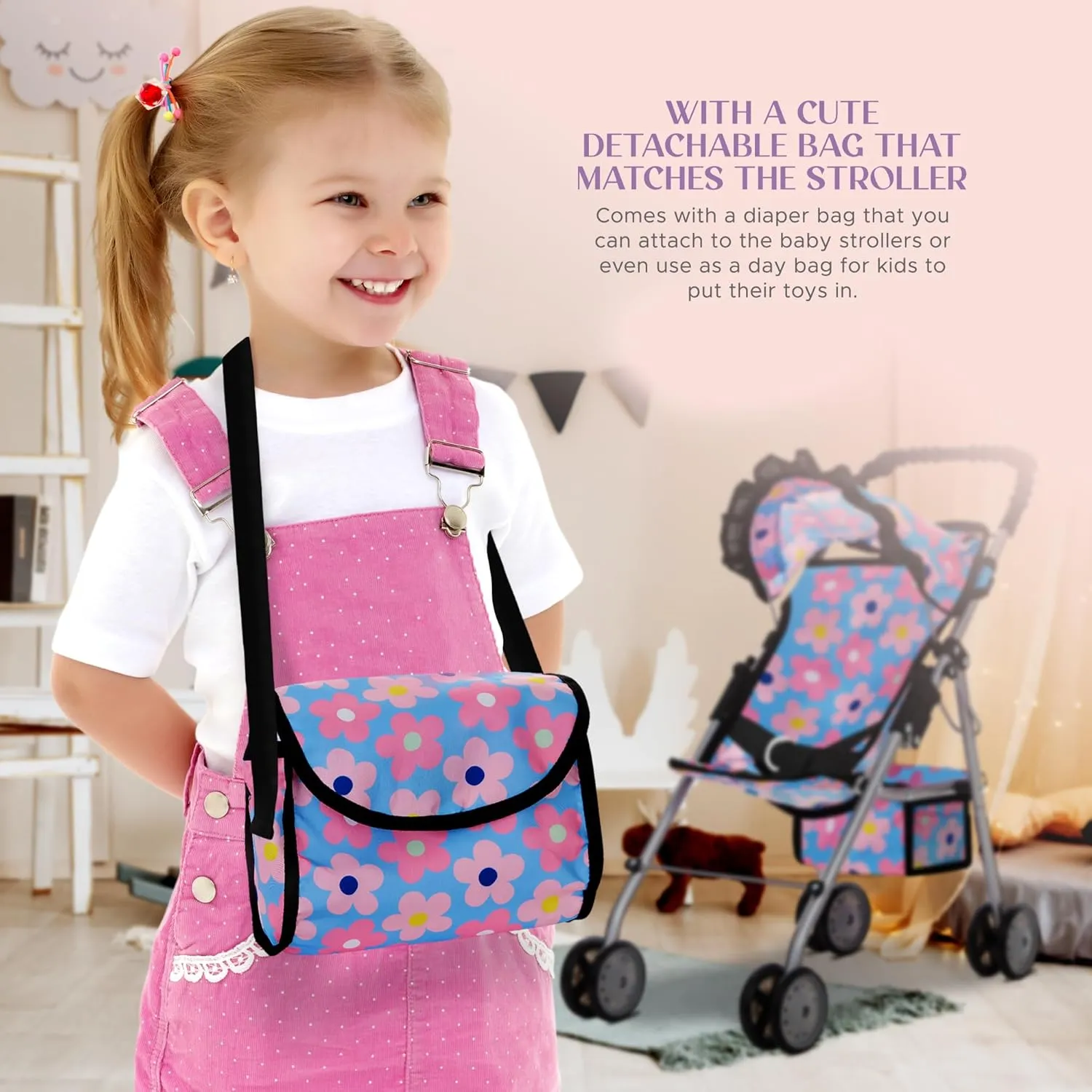 Dolls To Play Baby Doll Stroller for Girls, Toddler Play Toy Doll Buggy Carriage Foldable with Canopy Storage Basket Travel Diaper Bag - Blue