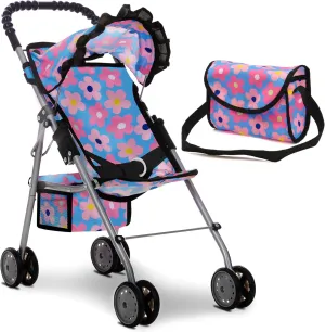 Dolls To Play Baby Doll Stroller for Girls, Toddler Play Toy Doll Buggy Carriage Foldable with Canopy Storage Basket Travel Diaper Bag - Blue