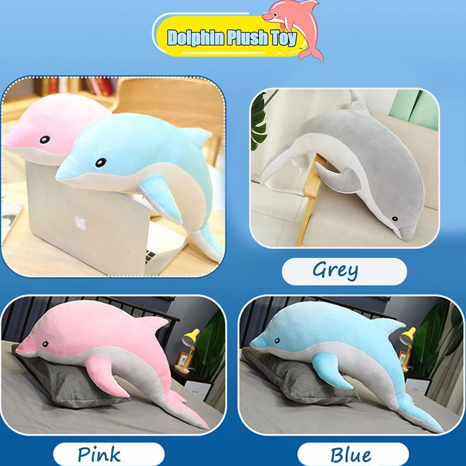 Dolphin Stuffed Animals Plush Pillow Super Soft Sea Animal Plush Toys Dolls for Boys Girls Sleeping Cushion Gift (70cm/27.55in, Blue)