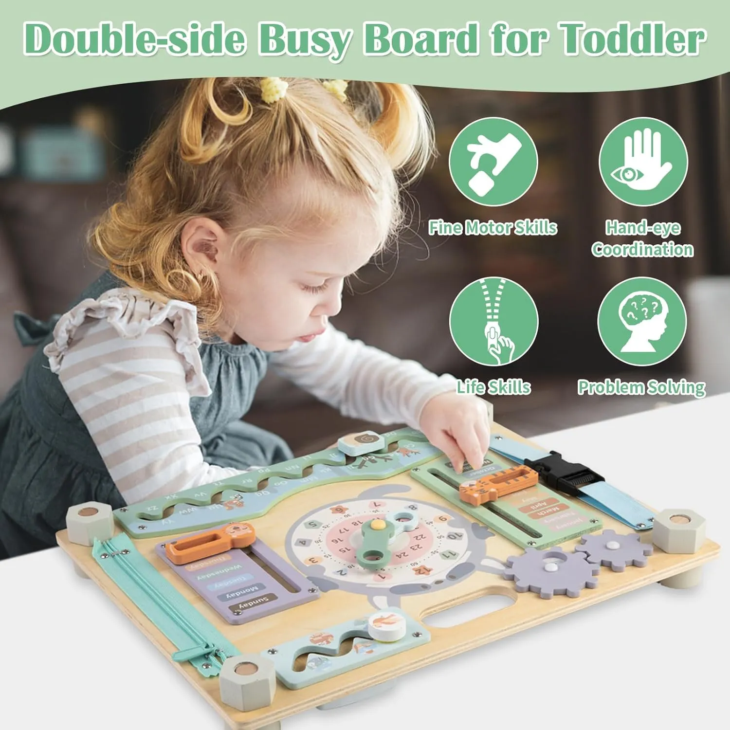 Double-Sided Wooden Busy Board for Toddlers, Sensory Activity Board, Montessori Travel Toy for Kids Age 2-5, Educational Toy for Autism, Ideal Choice for Baby Girls or Boys Birthday