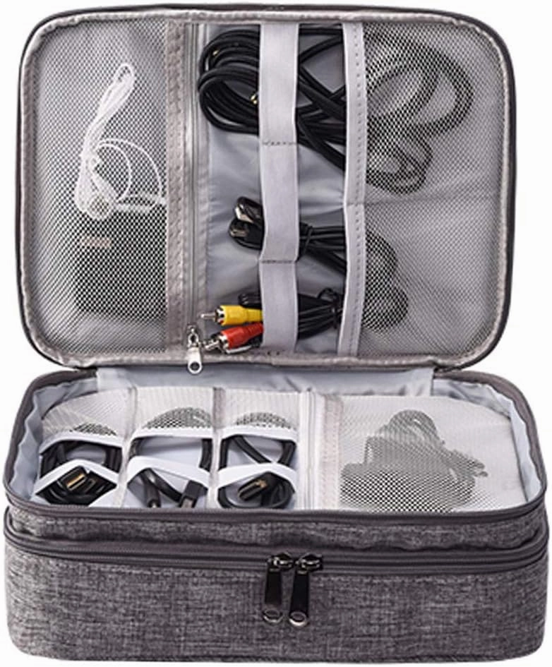 Double Layer Electronic Accessories Organizer Waterproof Travel Cable Storage Bag Gadget Bag for Charging Cable, Cellphone, iPad Mini, Plug, USB Flash Drive and More (Black)