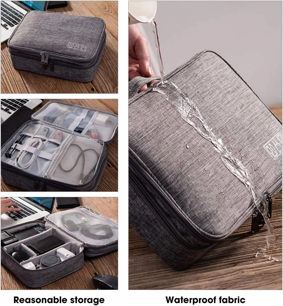 Double Layer Electronic Accessories Organizer Waterproof Travel Cable Storage Bag Gadget Bag for Charging Cable, Cellphone, iPad Mini, Plug, USB Flash Drive and More (Black)