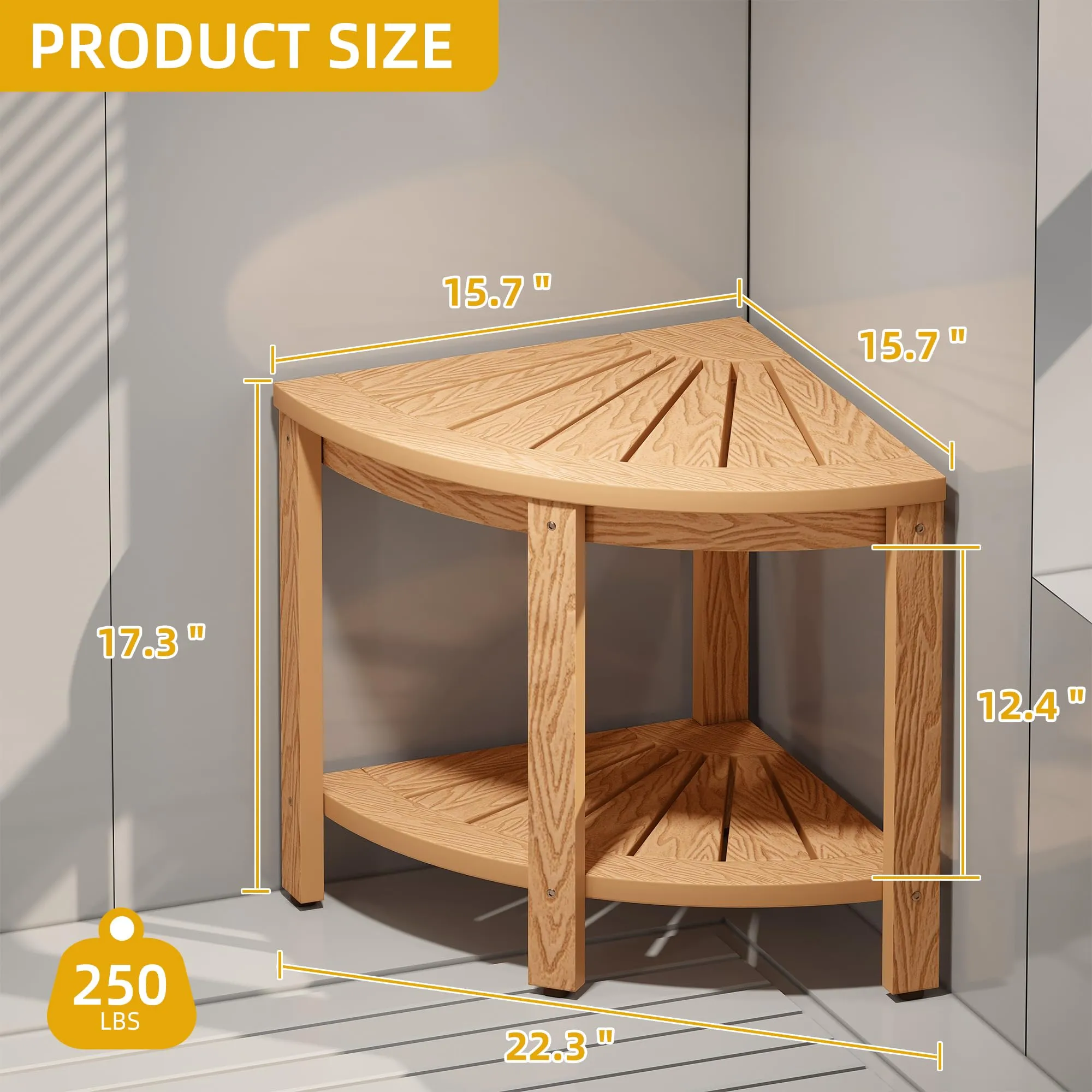 DWVO Poly Lumber Shower Bench 17" Shower Stool Corner Bench with Storage Shelf, Wood Texture Corner Seat for Bathroom, Spa, Corner Shower Stool for Bathroom Living Room (Teak)