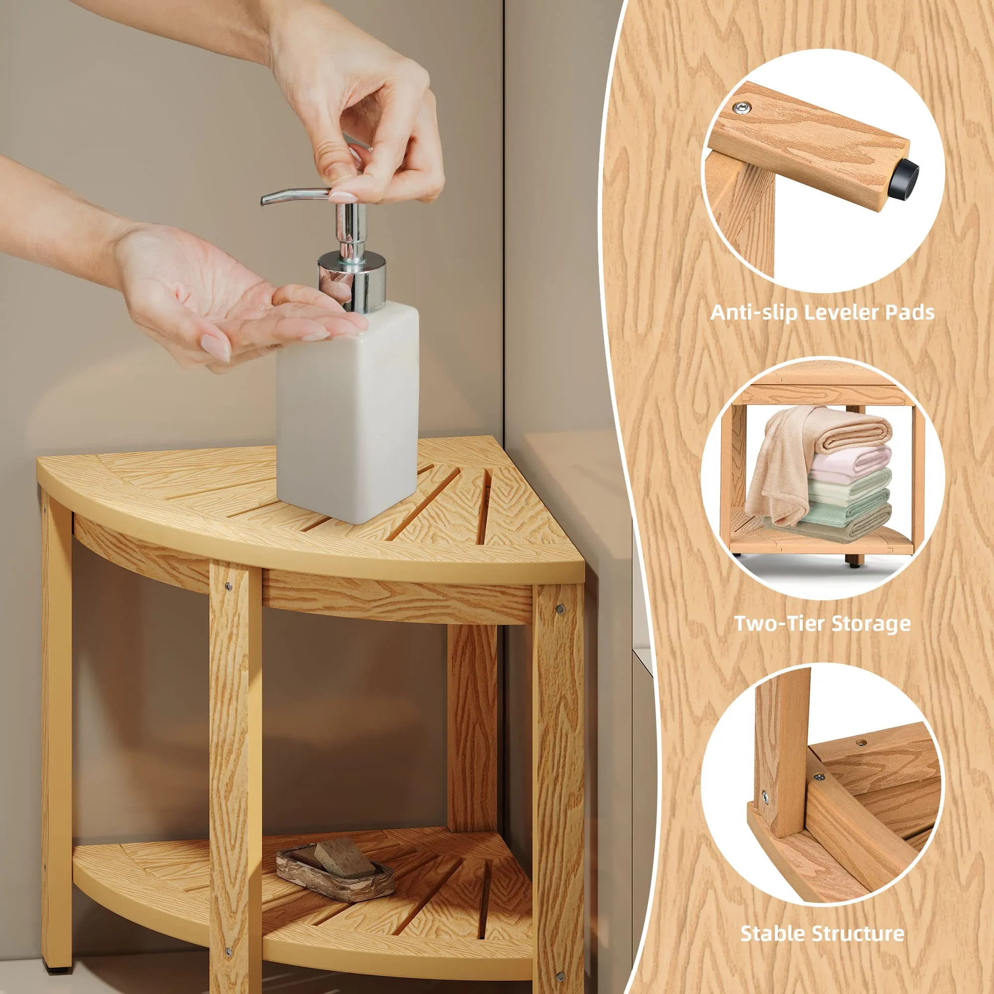 DWVO Poly Lumber Shower Bench 17" Shower Stool Corner Bench with Storage Shelf, Wood Texture Corner Seat for Bathroom, Spa, Corner Shower Stool for Bathroom Living Room (Teak)