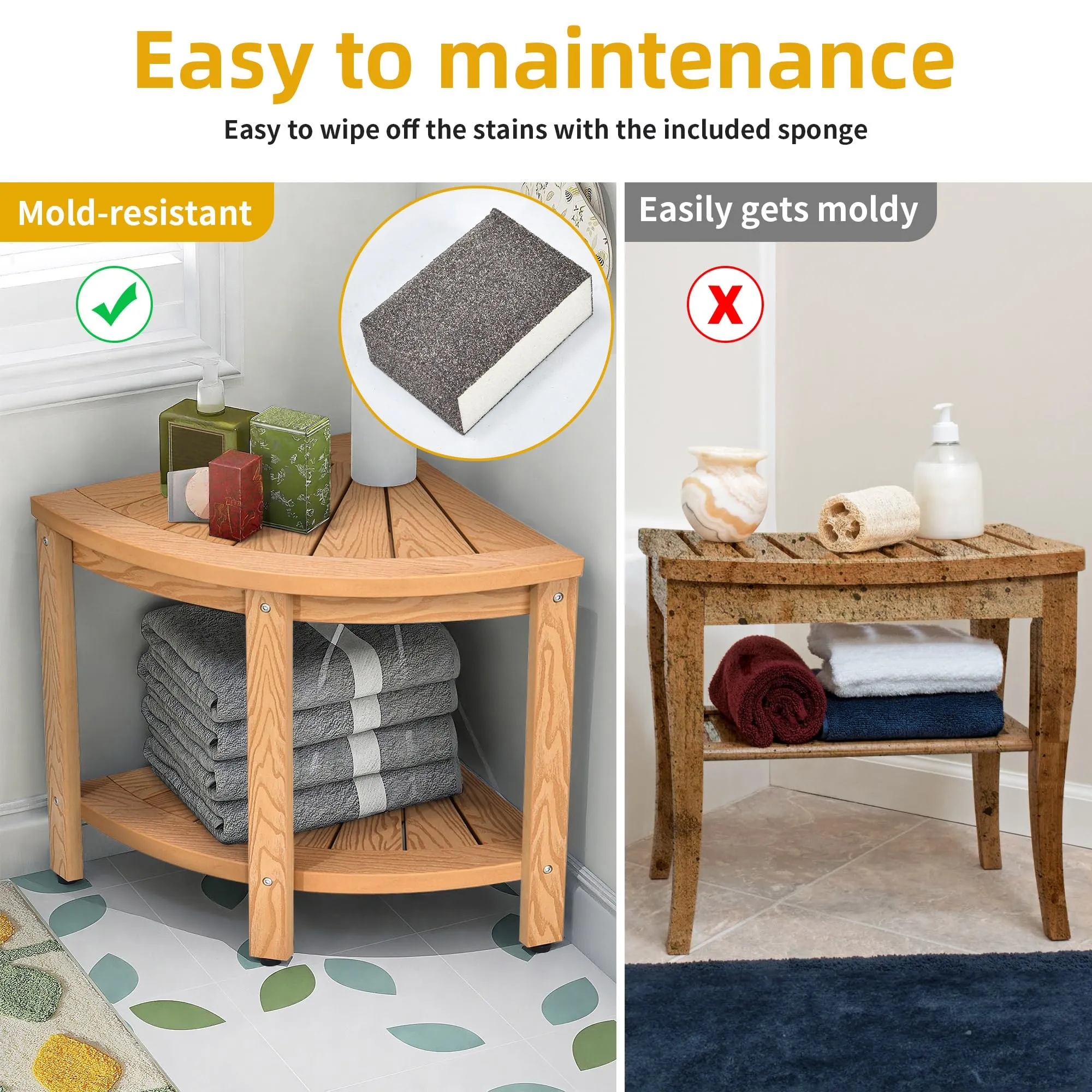 DWVO Poly Lumber Shower Bench 17" Shower Stool Corner Bench with Storage Shelf, Wood Texture Corner Seat for Bathroom, Spa, Corner Shower Stool for Bathroom Living Room (Teak)