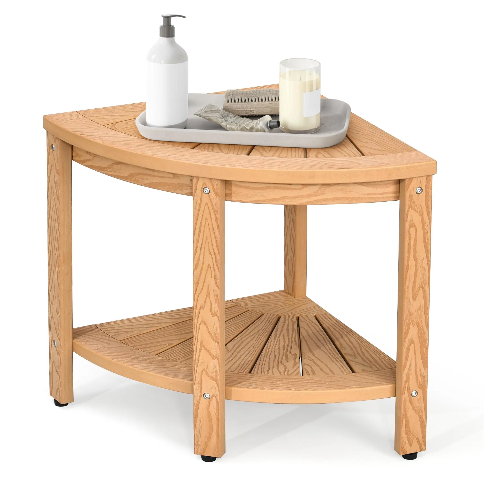 DWVO Poly Lumber Shower Bench 17" Shower Stool Corner Bench with Storage Shelf, Wood Texture Corner Seat for Bathroom, Spa, Corner Shower Stool for Bathroom Living Room (Teak)