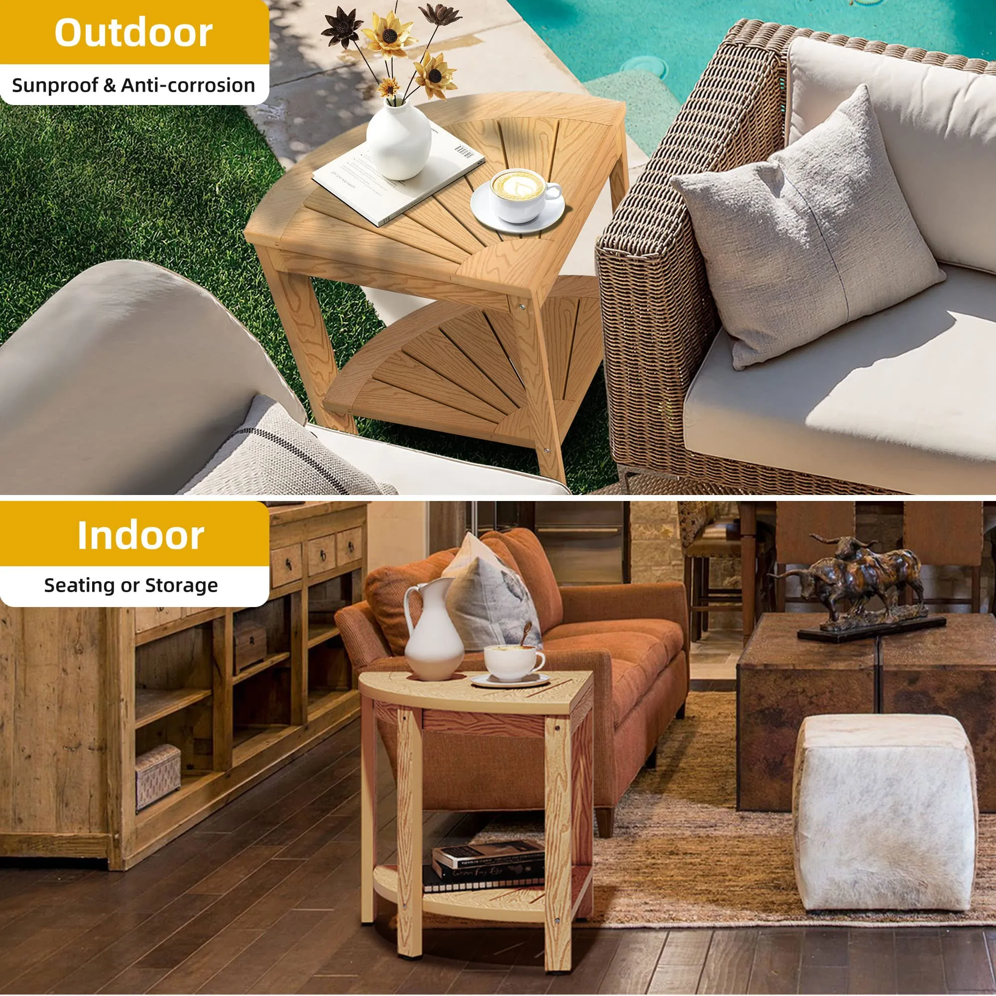 DWVO Poly Lumber Shower Bench 17" Shower Stool Corner Bench with Storage Shelf, Wood Texture Corner Seat for Bathroom, Spa, Corner Shower Stool for Bathroom Living Room (Teak)
