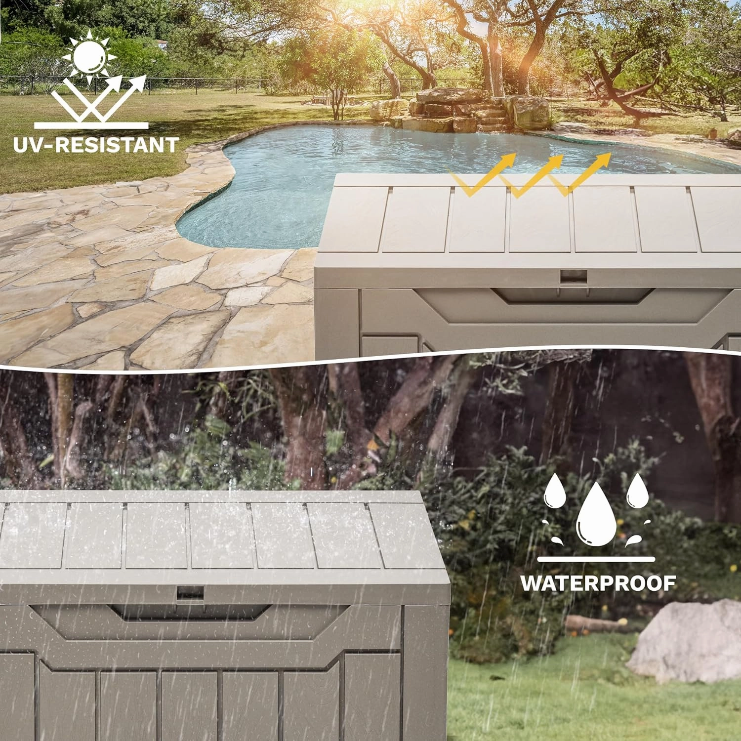DWVO 30 Gallon Outdoor Storage Deck Box, Resin Patio Storage for Gardening Tools, Patio Cushions, Waterproof and Lockable (Light Brown)
