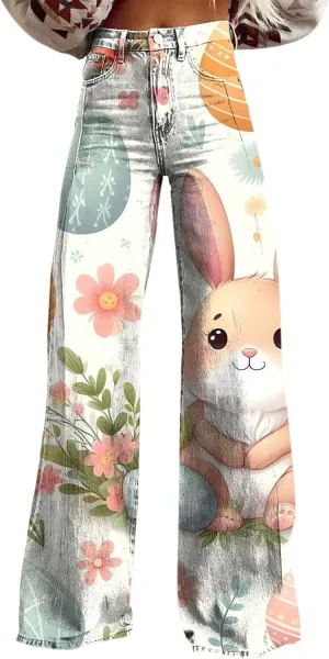 Easter Jeans Women 2025 High Rise Cute Print Trousure Wide Leg Loose Y2K Baggy Straight Denim Pants with Pockets