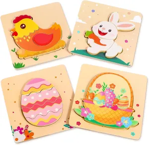 Easter Wooden Puzzles for Toddler - 4 Pack Basket Stuffers Fillers Puzzle Toys for Boys Girls, Jigsaw Learning Educational Gifts Party Favors for Kids