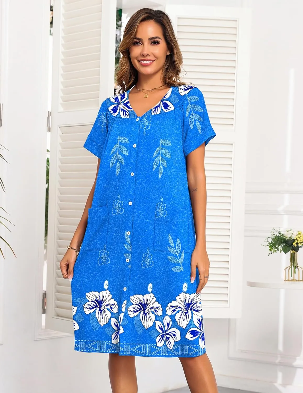 Ekouaer House Dresses for Women with Pockets Button Down Nightgowns Plus Size Moo Moos Mumu Dresses Floral Print S-3XL