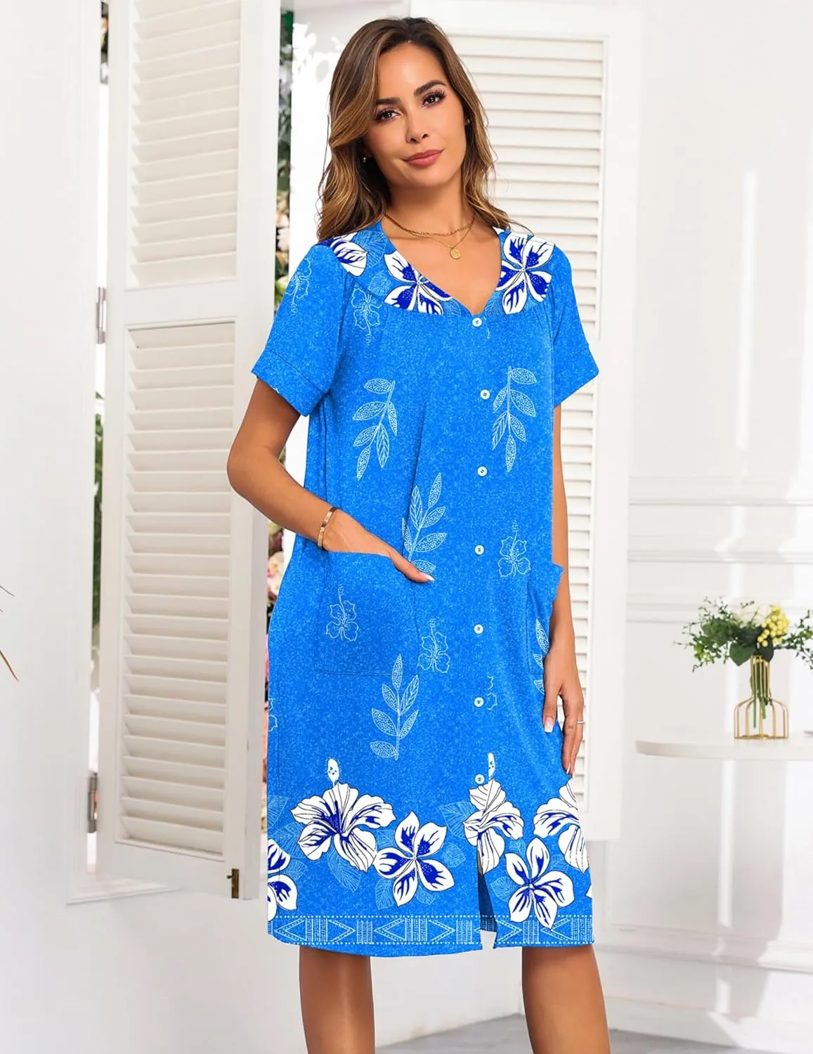 Ekouaer House Dresses for Women with Pockets Button Down Nightgowns Plus Size Moo Moos Mumu Dresses Floral Print S-3XL