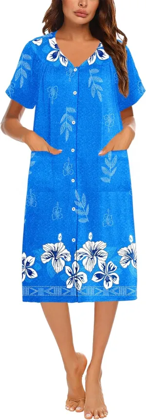 Ekouaer House Dresses for Women with Pockets Button Down Nightgowns Plus Size Moo Moos Mumu Dresses Floral Print S-3XL