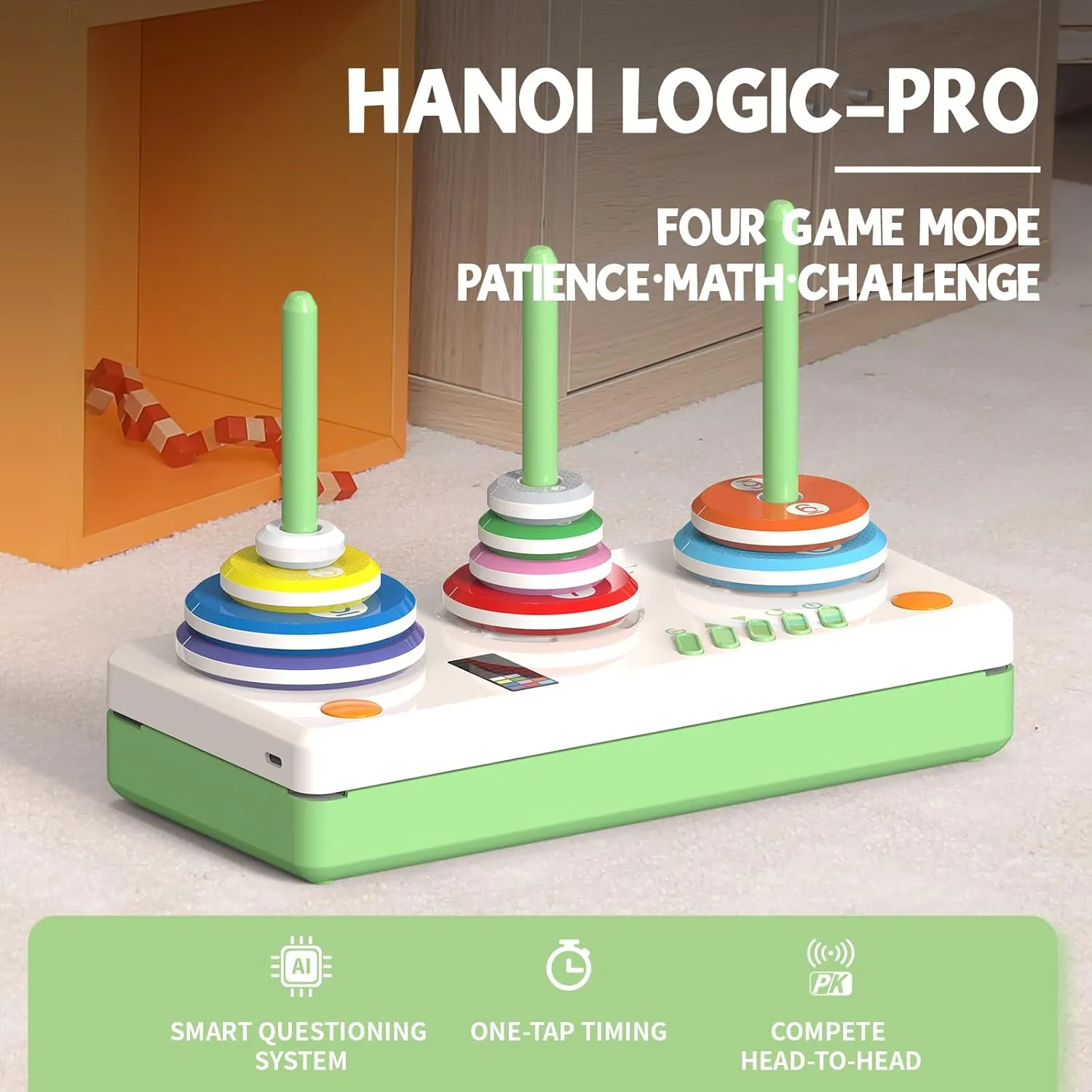Electronic Tower of Hanoi Game with Timer,STEM Logic Puzzle for Kids & Adults, Multiplayer Brain Teaser,Educational Toy Gift (Ages 3-12 )(Green)