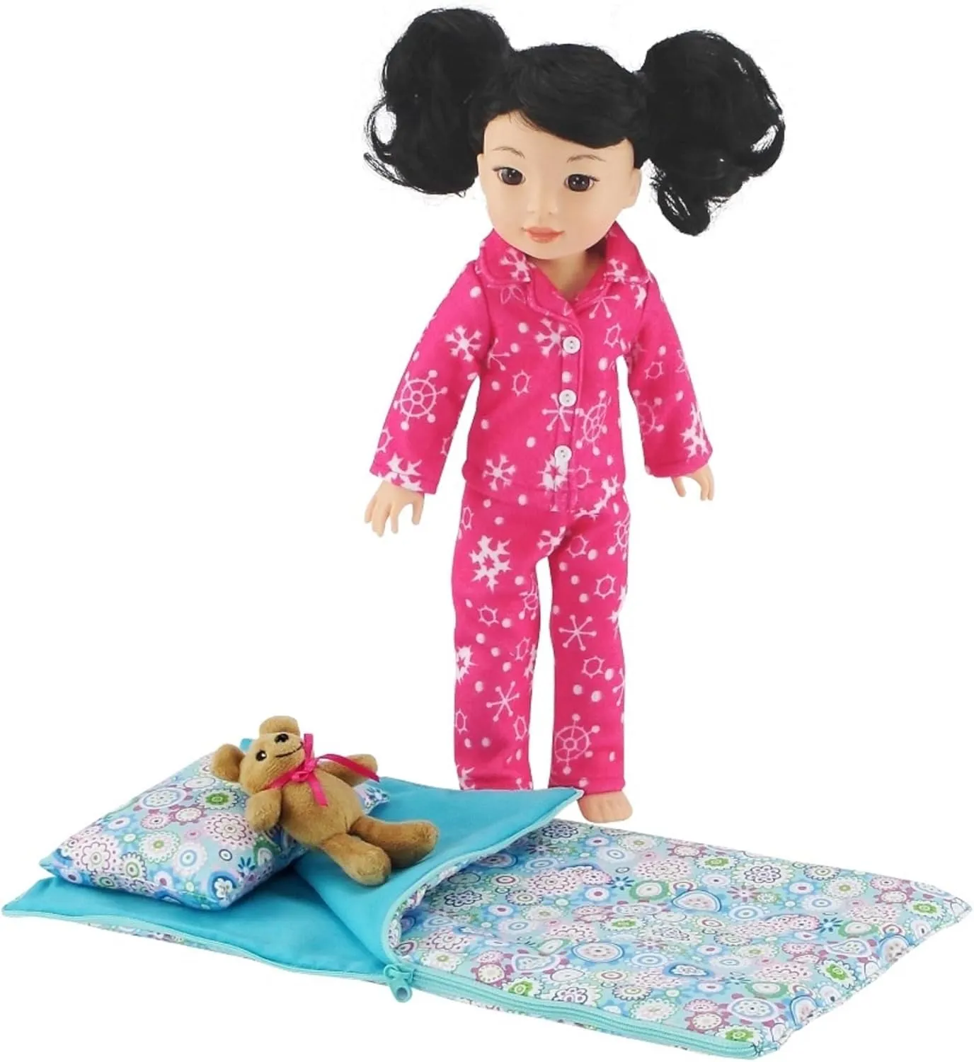Emily Rose 14-Inch Doll Clothes & Accessories 3-PC Snowflake PJ Pajama Gift Set with Teddy Bear 14" Doll Sleeping Bag Bedding w/Pillow and Case | USA Business