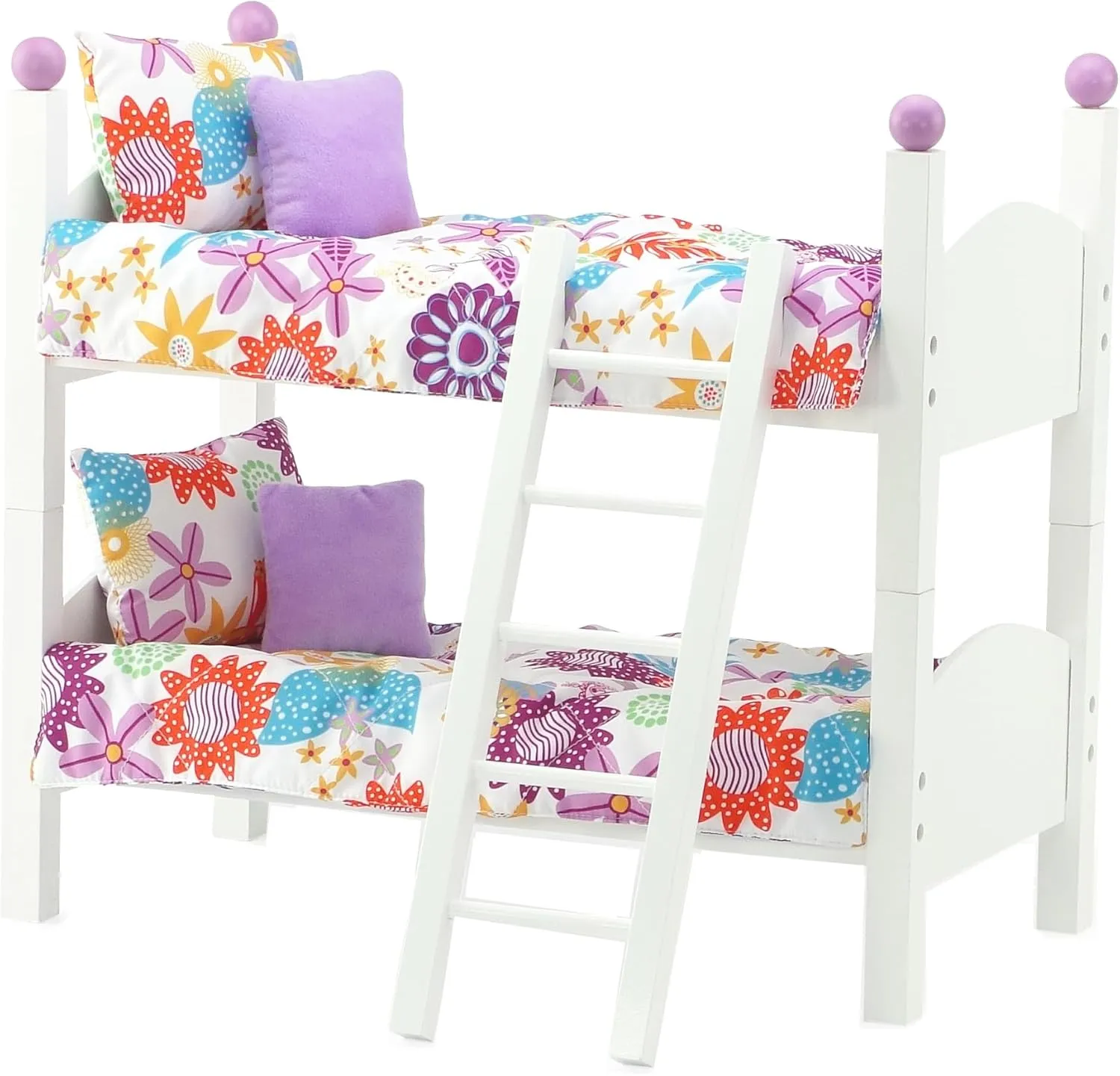 Emily Rose 14 Inch Doll Furniture - 2 White Single Stackable Beds Bunkbed with Colorful 4-PC Bedding Sets & Ladder - USA Business