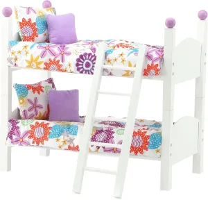 Emily Rose 14 Inch Doll Furniture - 2 White Single Stackable Beds Bunkbed with Colorful 4-PC Bedding Sets & Ladder - USA Business