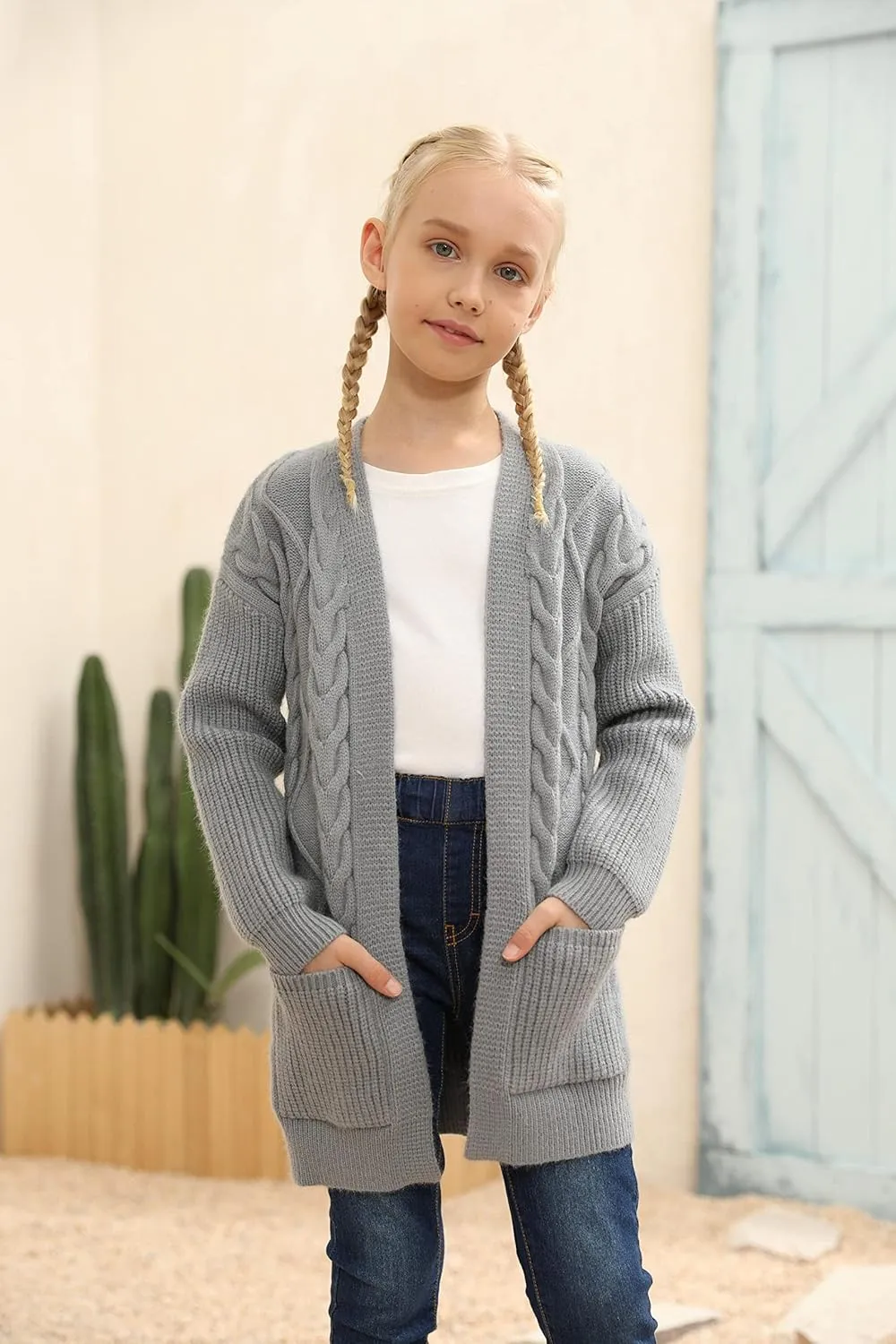 Ermonn Girls Kids Open Front Cardigans Sweaters Long Sleeve Knit Cute Sweater Outwears with Pockets for 5-14 Years