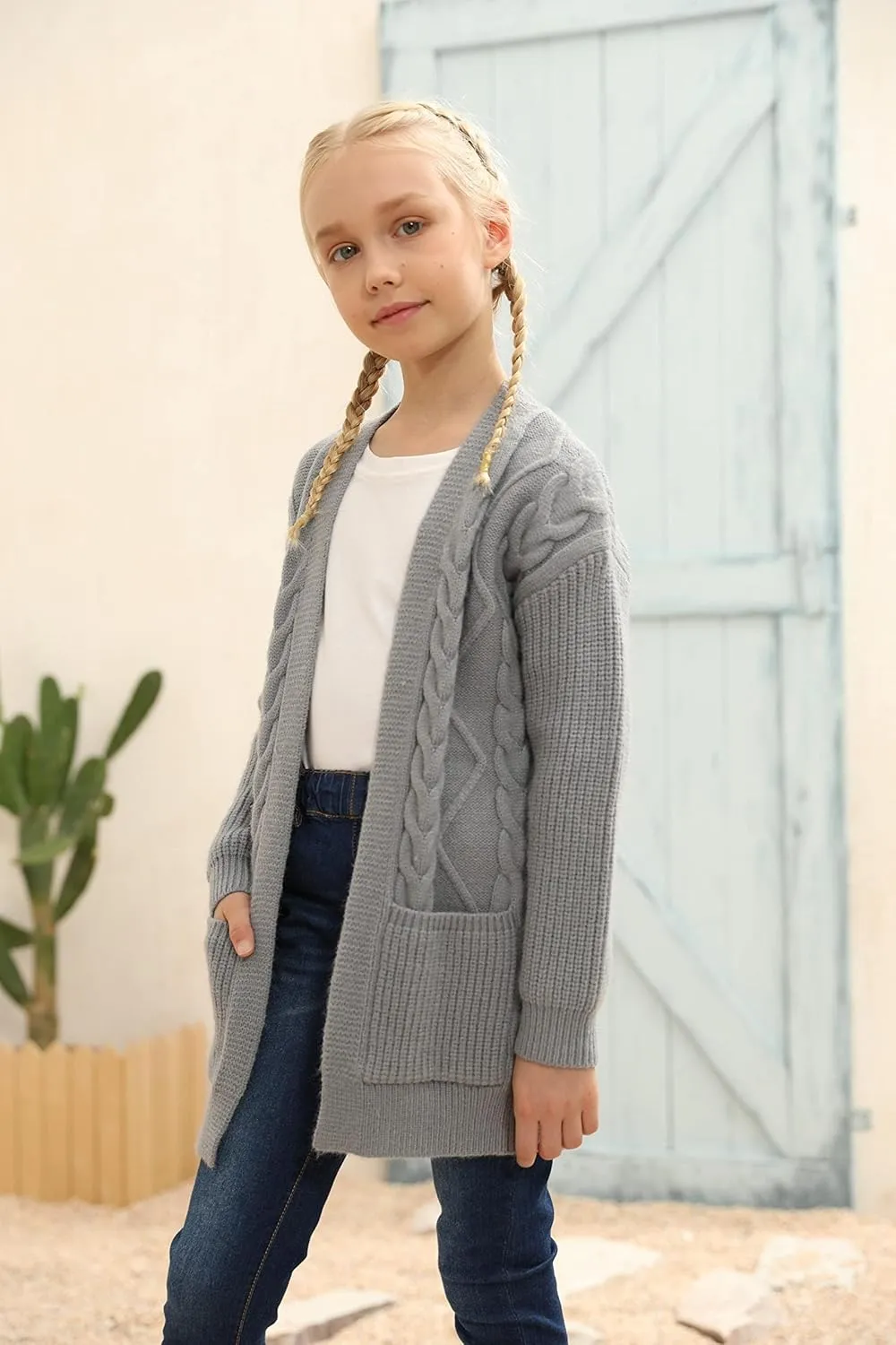Ermonn Girls Kids Open Front Cardigans Sweaters Long Sleeve Knit Cute Sweater Outwears with Pockets for 5-14 Years