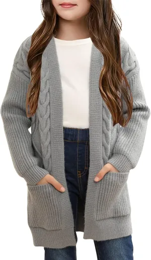 Ermonn Girls Kids Open Front Cardigans Sweaters Long Sleeve Knit Cute Sweater Outwears with Pockets for 5-14 Years
