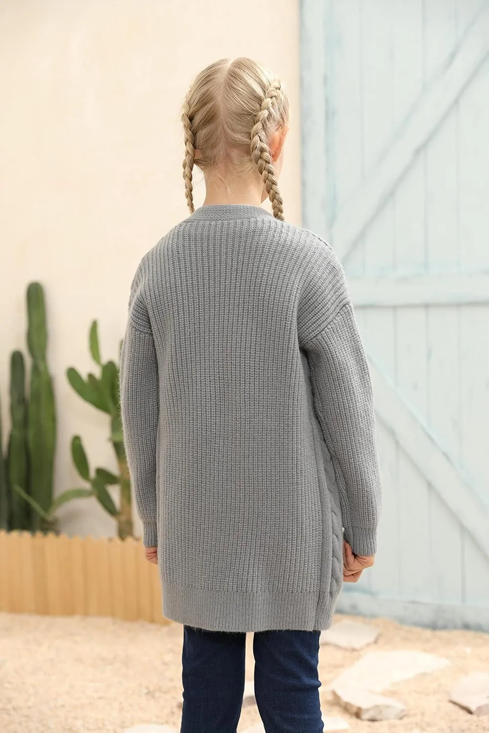 Ermonn Girls Kids Open Front Cardigans Sweaters Long Sleeve Knit Cute Sweater Outwears with Pockets for 5-14 Years