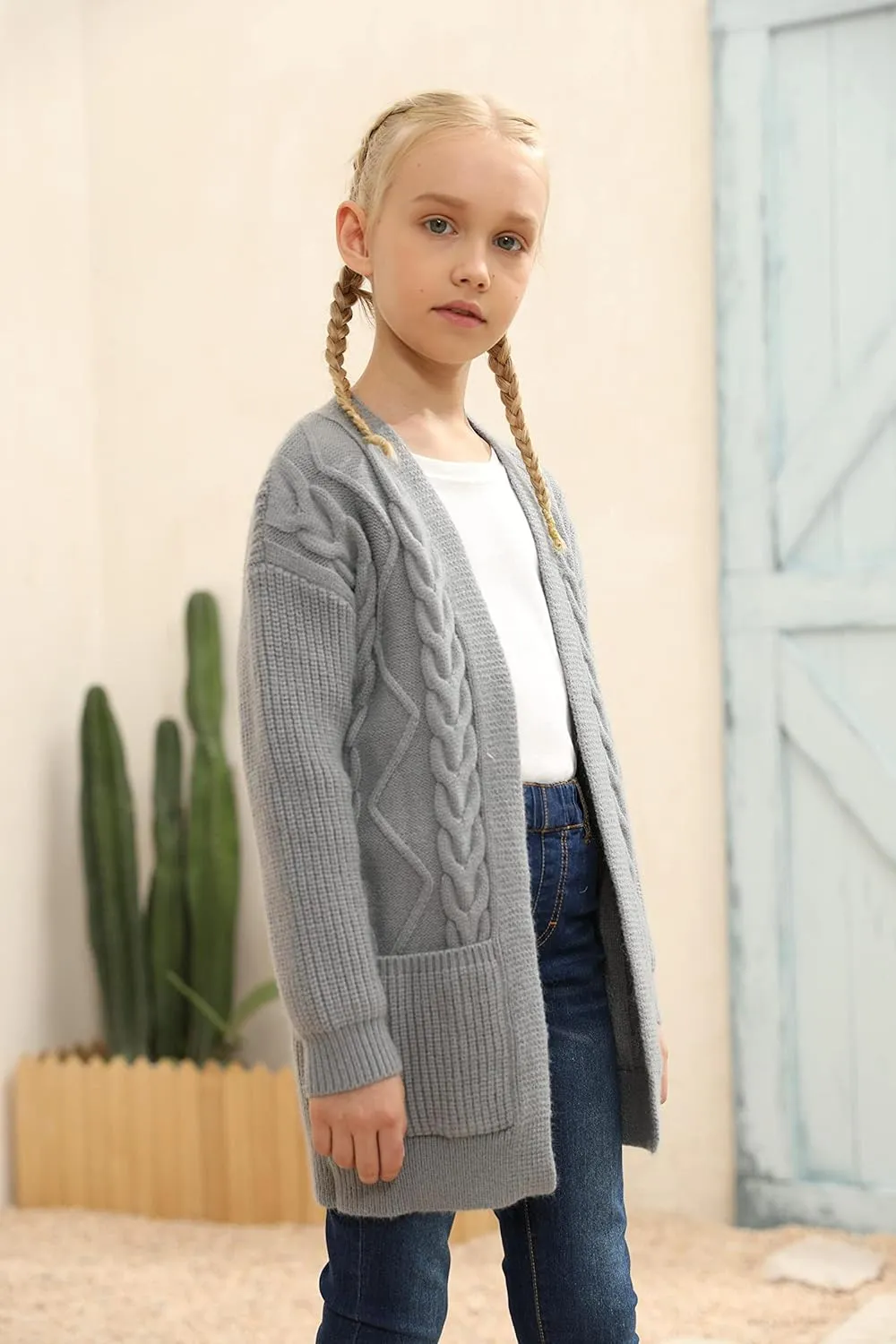 Ermonn Girls Kids Open Front Cardigans Sweaters Long Sleeve Knit Cute Sweater Outwears with Pockets for 5-14 Years