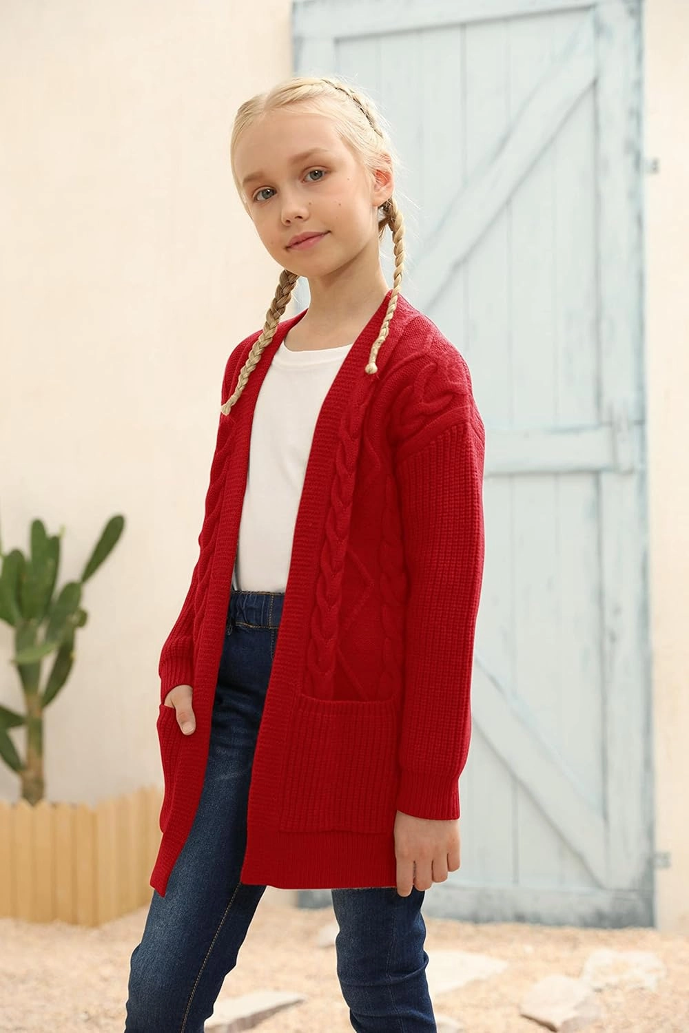Ermonn Girls Kids Open Front Cardigans Sweaters Long Sleeve Knit Cute Sweater Outwears with Pockets for 5-14 Years