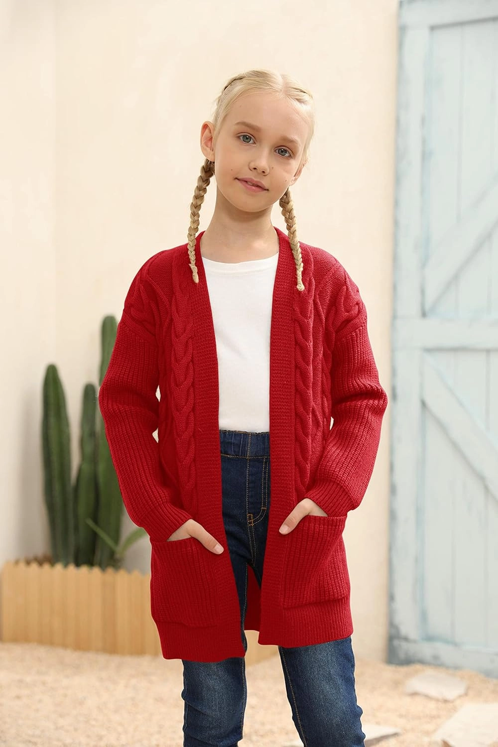 Ermonn Girls Kids Open Front Cardigans Sweaters Long Sleeve Knit Cute Sweater Outwears with Pockets for 5-14 Years