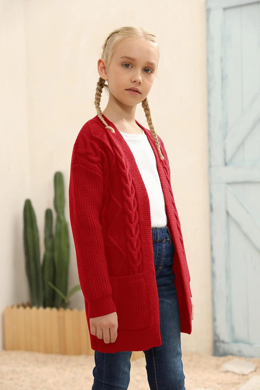 Ermonn Girls Kids Open Front Cardigans Sweaters Long Sleeve Knit Cute Sweater Outwears with Pockets for 5-14 Years