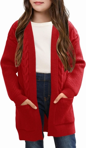 Ermonn Girls Kids Open Front Cardigans Sweaters Long Sleeve Knit Cute Sweater Outwears with Pockets for 5-14 Years