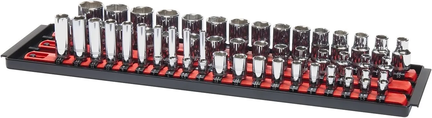 Ernst 18-Inch Socket Organizer 3 Rail Socket Boss (8451) - Toolbox Socket Organization Tray - SAE & Metric Socket Storage, 57 Twist-Lock Clips for 1/4-inch, 3/8-inch, & 1/2-inch Socket Sets, Blue, USA
