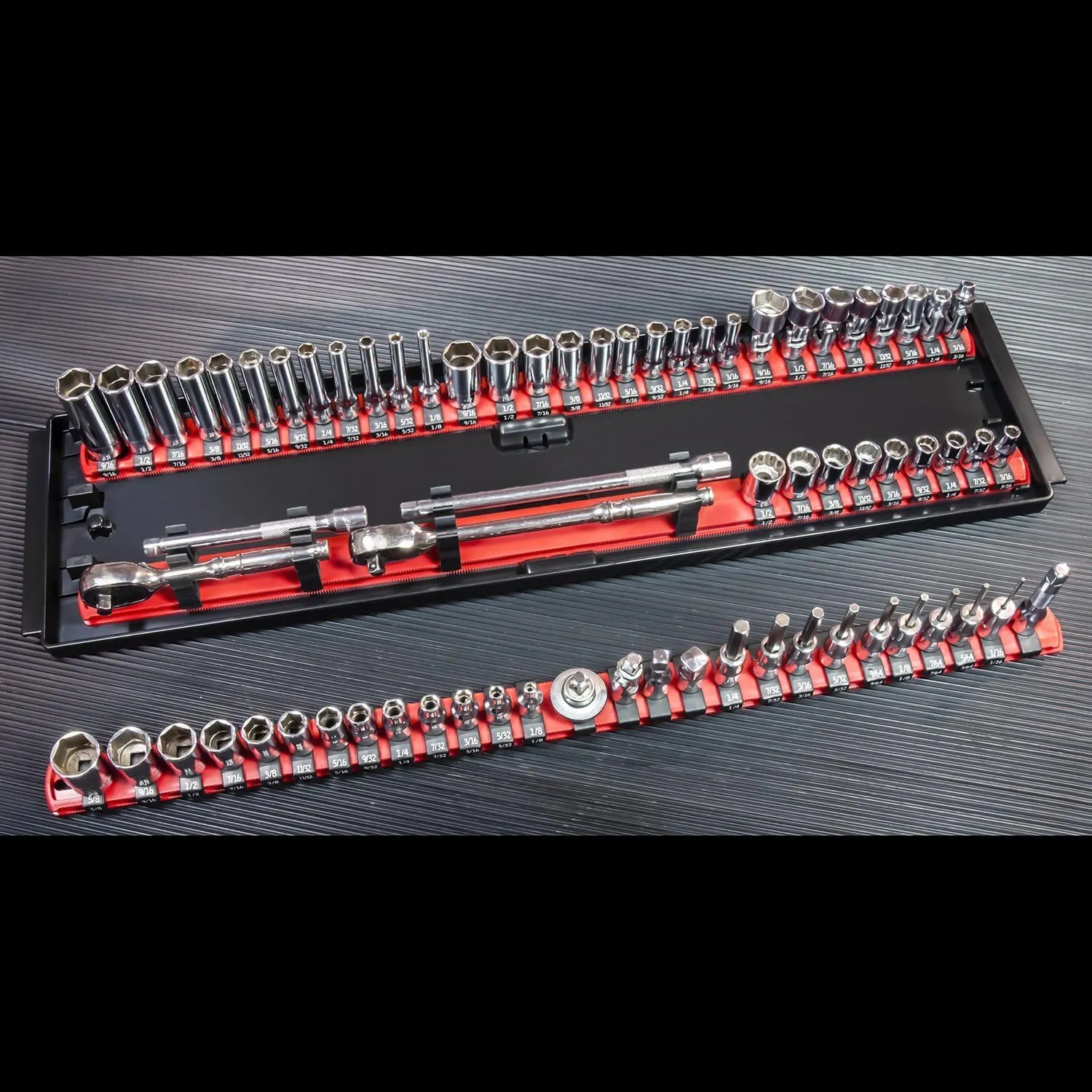 Ernst 18-Inch Socket Organizer 3 Rail Socket Boss (8451) - Toolbox Socket Organization Tray - SAE & Metric Socket Storage, 57 Twist-Lock Clips for 1/4-inch, 3/8-inch, & 1/2-inch Socket Sets, Blue, USA