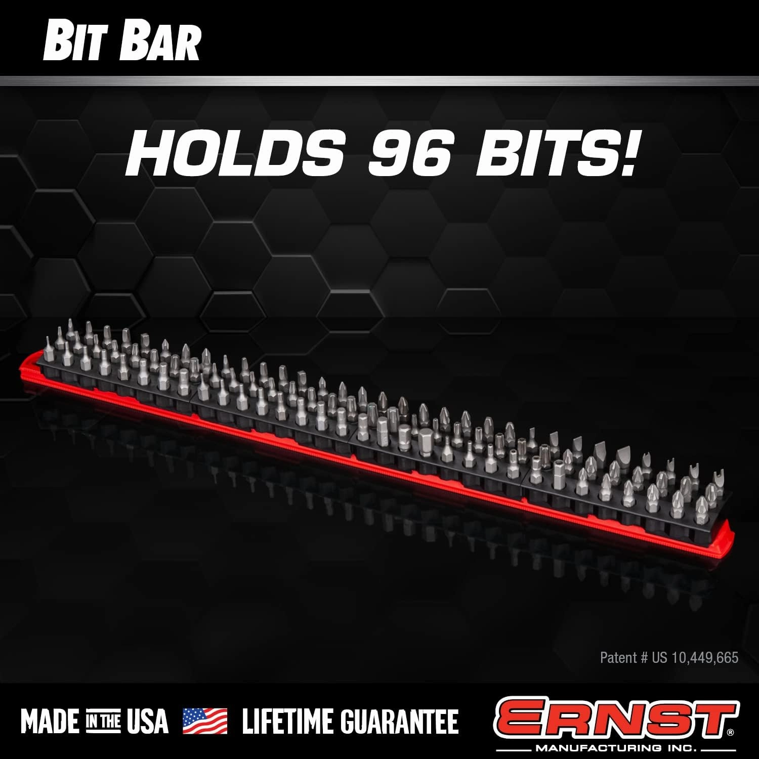 Ernst Manufacturing 96 Tool Magnetic Bit Bar, 1/4" Hex Screwdriver Bit Storage Tool Organizer - Black/Hi-Viz