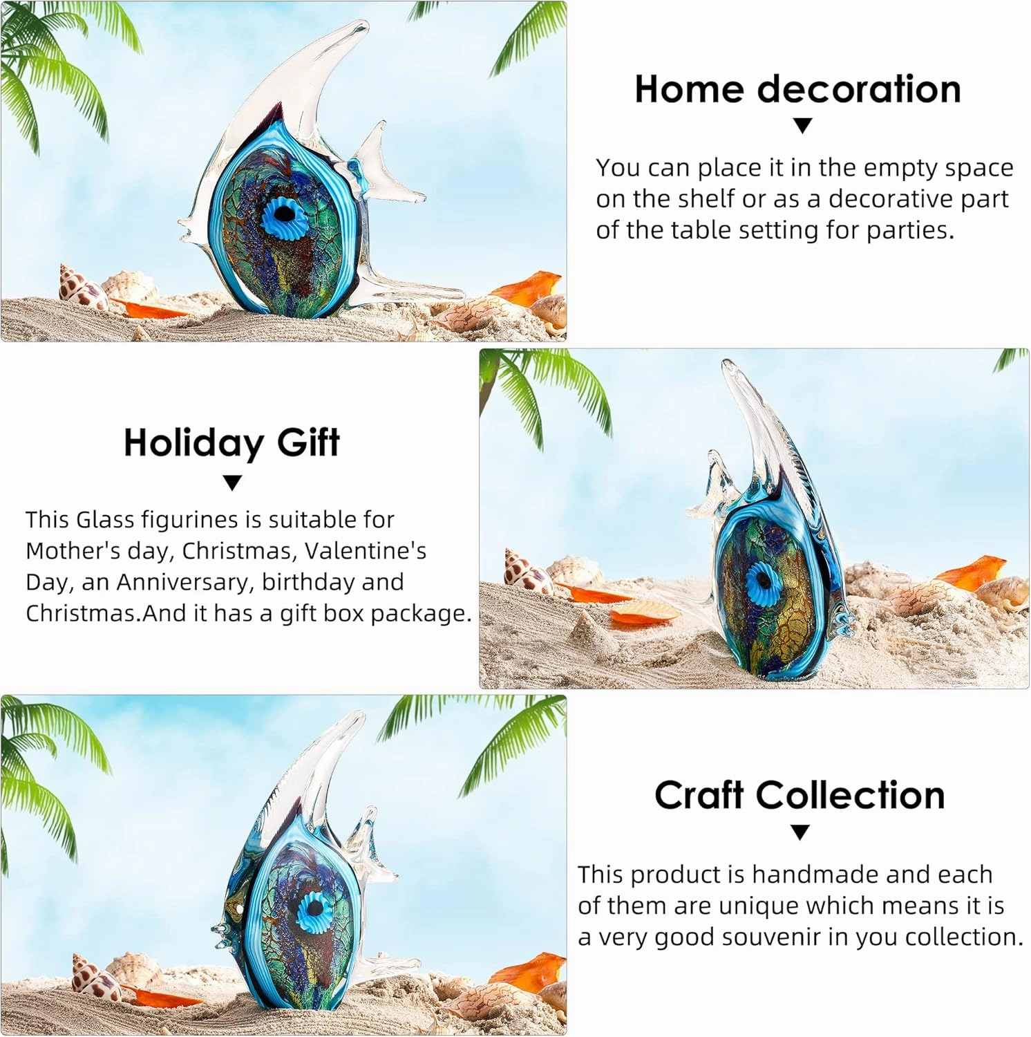 EUSTUMA Hand Blown Glass Tropical Fish Figurines Ornament,Sea Animal Sculpture for Fish Tank Aquarium,Sea Animals Collection for Birthday Gift,Glass Sculpture