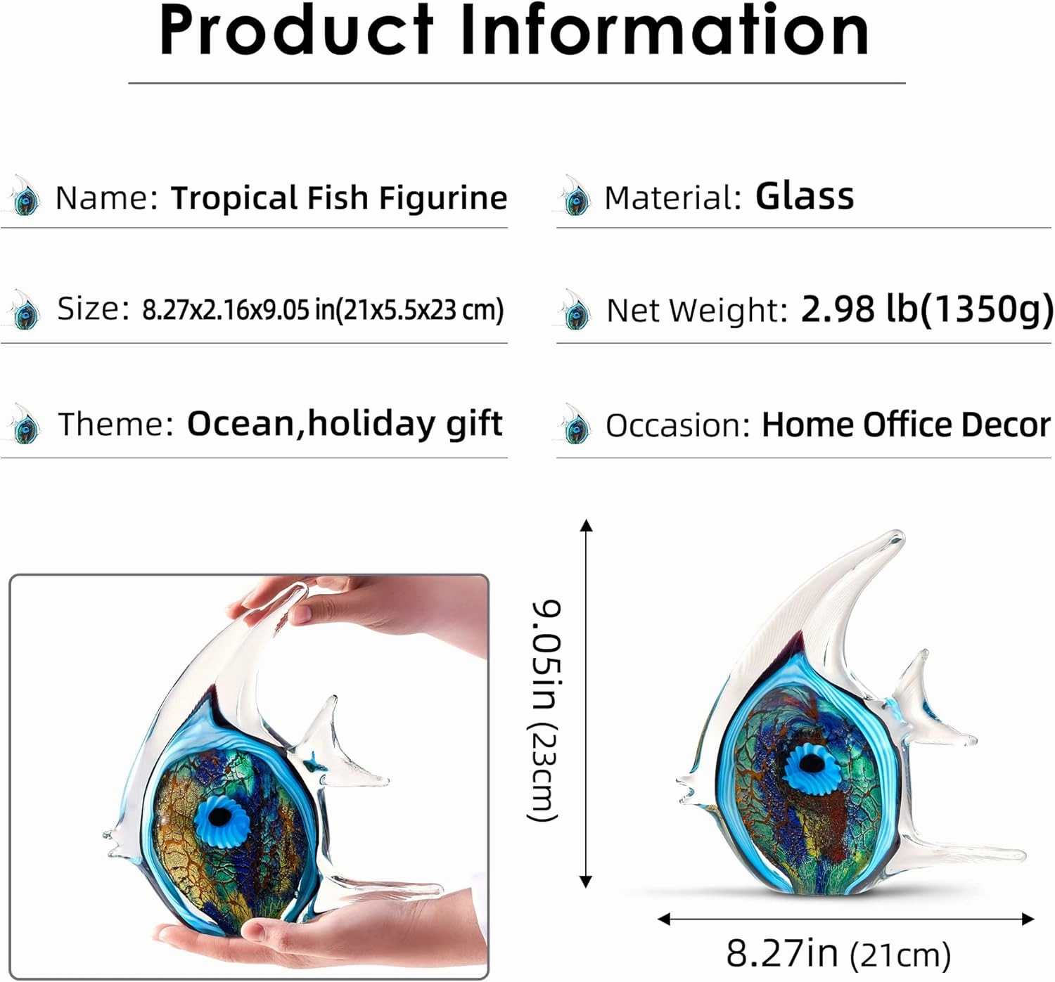 EUSTUMA Hand Blown Glass Tropical Fish Figurines Ornament,Sea Animal Sculpture for Fish Tank Aquarium,Sea Animals Collection for Birthday Gift,Glass Sculpture