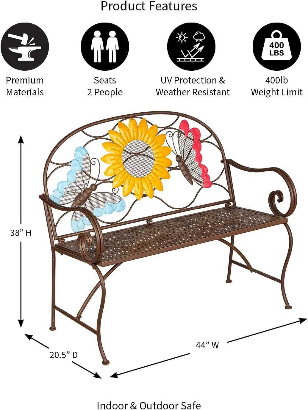 Evergreen Garden Sunflower Garden Bench Outdoors & Indoors | Cast Iron Metal Patio Bench | Outdoor Seating Furniture | Seats for Park, Porch, Deck, Yard