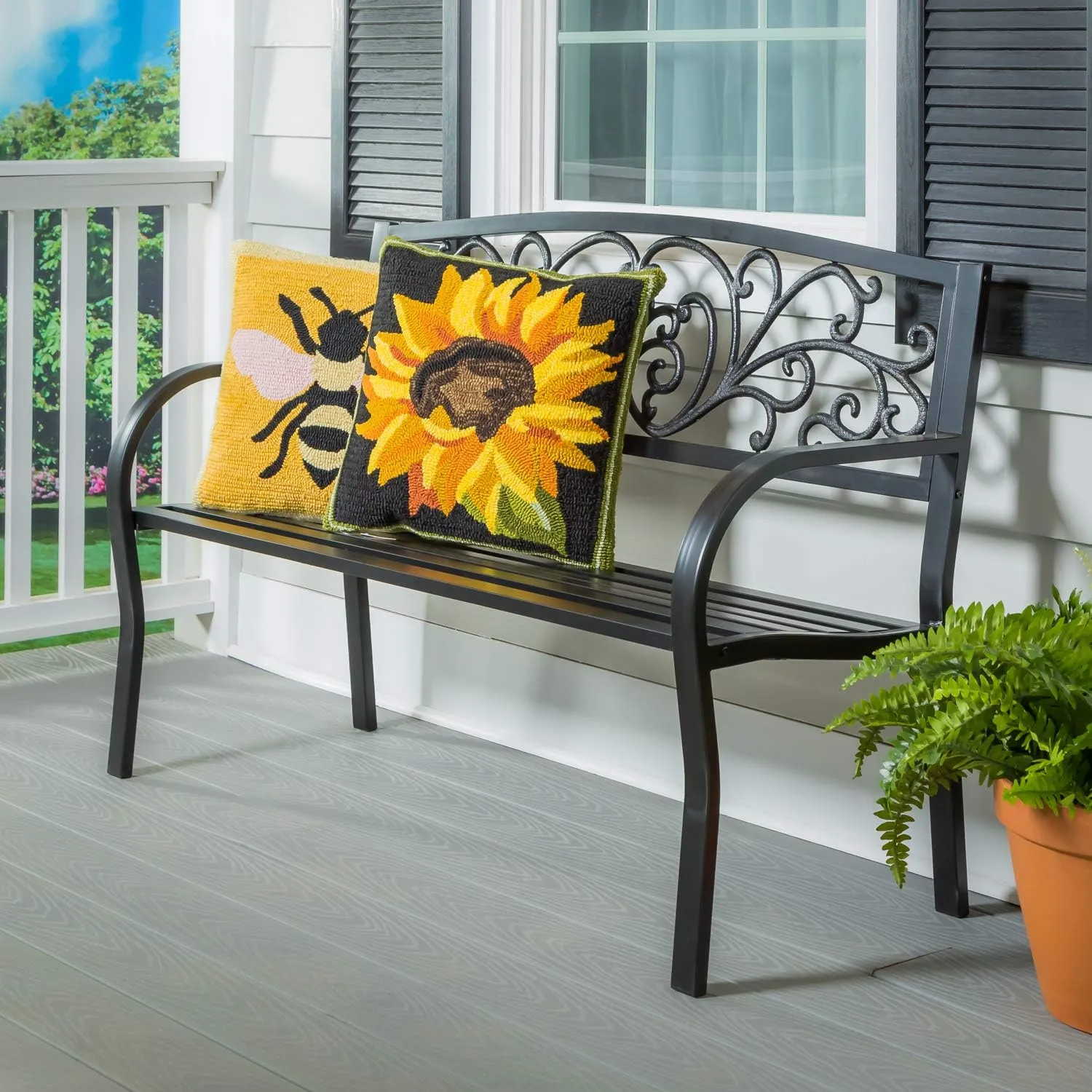 Evergreen Garden Weatherproof Outdoor Bench Blooming Garden | Holds Up to 300 lbs. | Furniture for Lawn Garden Patio Porch Park Deck | Steel | Black