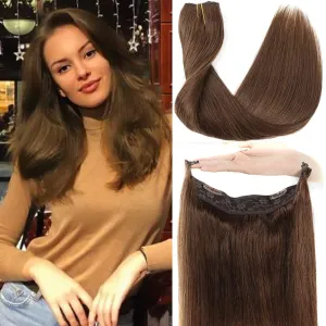 Extensions Real Human Hair Wire Hair Extensions Human Hair One Piece Clip In Hair Extensions With Invisible Fish Line For Women Straight Hair (14 inch, Chocolate Brown #4)