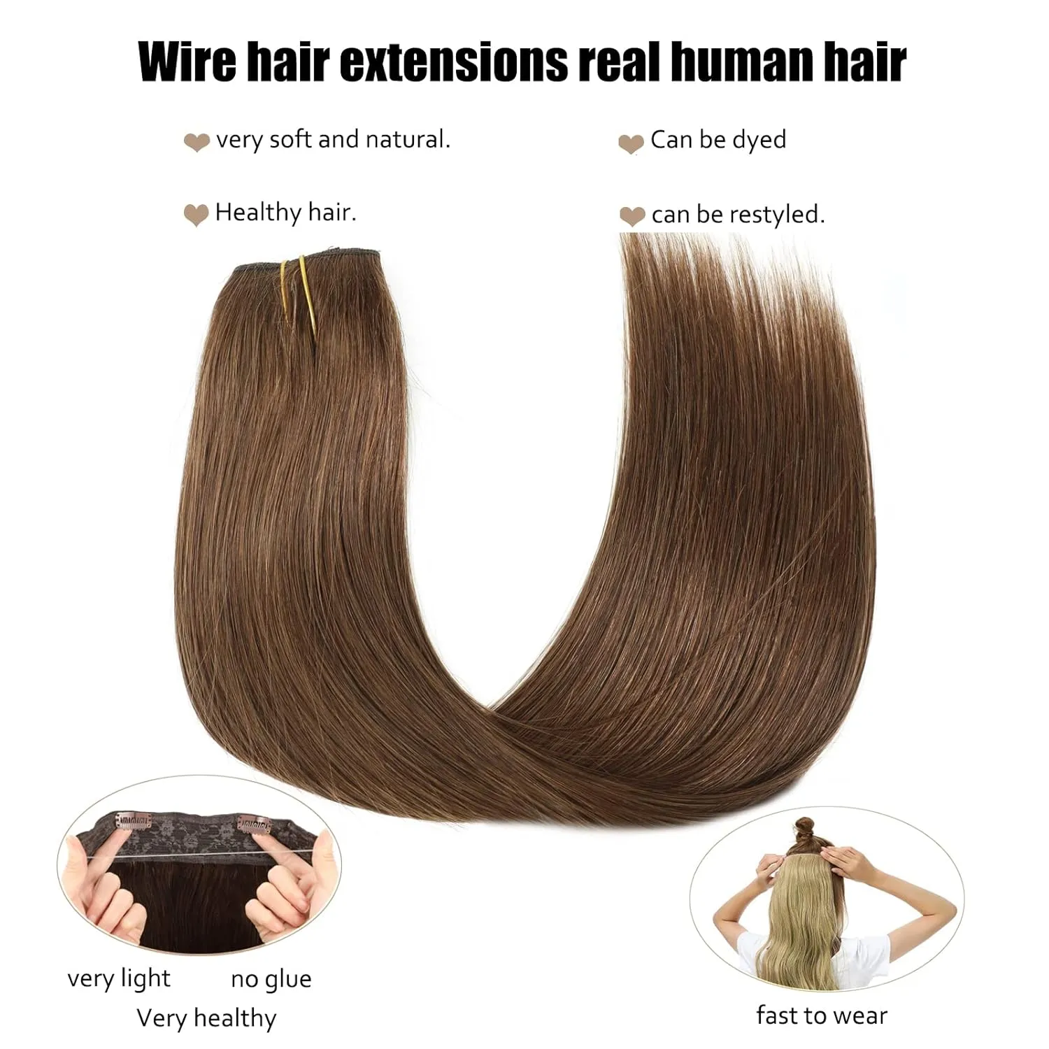 Extensions Real Human Hair Wire Hair Extensions Human Hair One Piece Clip In Hair Extensions With Invisible Fish Line For Women Straight Hair (14 inch, Chocolate Brown #4)