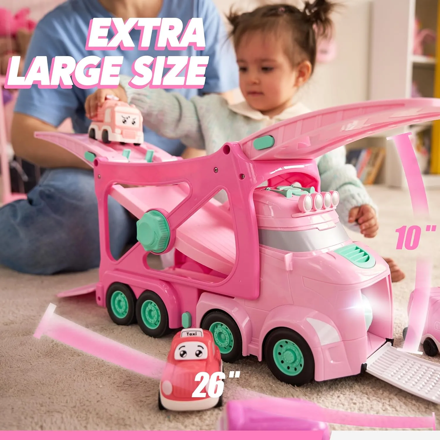 Extra Large Toy Cars for Toddlers, 3-Layer Princess Pink Trucks for 2 3 4 Year Old Girls, 7-in-1 Big Transport Vehicle Carrier Truck with Siren & Lights and 6 Toy Cars, Birthday Gifts for Girls Kids