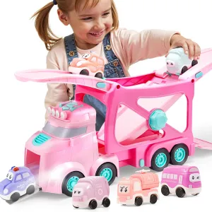 Extra Large Toy Cars for Toddlers, 3-Layer Princess Pink Trucks for 2 3 4 Year Old Girls, 7-in-1 Big Transport Vehicle Carrier Truck with Siren & Lights and 6 Toy Cars, Birthday Gifts for Girls Kids
